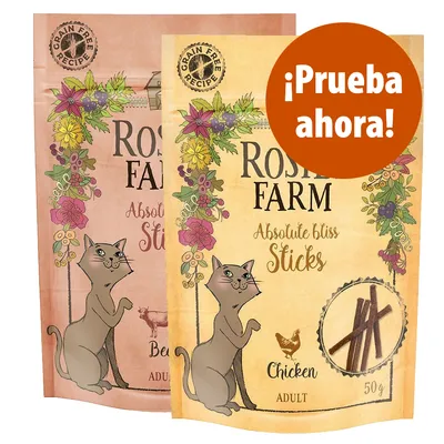 ROSIE FARM Absolute bliss Sticks, Chicken 50 g, Adult. Sello 'Grain Free Recipe'. Texto destacado: ¡Prueba ahora! Envase con ilustración de gato y flores.