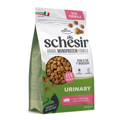 Schesir Animal Monoprotein Formula Urinary med svinekød, 35% protein, pH-kontrol, lavt magnesiumindhold, 1,5 kg, Made in Italy, ny formel