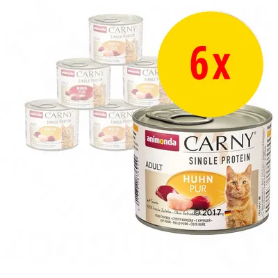 Lot de 6 boîtes animonda Carny Single Protein Adult, variétés visibles : Huhn Pur, Pute Pur, Rind Pur. Texte sur la boîte : Huhn Pur, sans céréales, avec taurine, pour chat adulte.