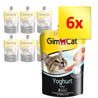GimCat Yoghurt mit Calcium, 6er Pack. Für gesunde Knochen. Laktosereduziert. Abbildung von Katze und Finger mit Joghurt.