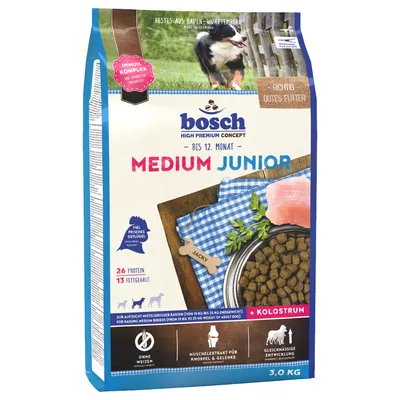 bosch High Premium Concept Medium Junior hondenvoer, tot 12 maanden, 3 kg. 26% eiwit, 13% vet. Veel vers gevogelte. Zonder tarwe. Kolostrum. Voor middelgrote rassen. Tekst deels in Duits.