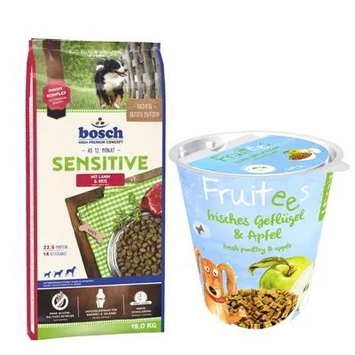 bosch Kombi-Paket: 15 kg HPC Trockenfutter + 3 x 200 g Fruitees (semi-moist) - Sensitive Lamm & Reis 15 kg + Fruitees Geflügel & Apfel 3 x 200 g