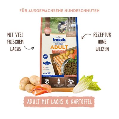 bosch Adult mit frischem Lachs & Kartoffel, Rezeptur ohne Weizen, für ausgewachsene Hunde. Verpackung mit Zutatenabbildungen und Produktinformationen.