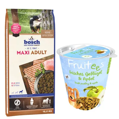 bosch Kombi-Paket: 15 kg HPC Trockenfutter + 3 x 200 g Fruitees (semi-moist) - Maxi Adult 15 kg + Fruitees Geflügel & Apfel 3 x 200 g