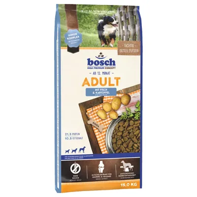 bosch ADULT mit Fisch & Kartoffel, 21,5 % протеин, 10,5 % мазнини, без пшеница, 15,0 кг. Видими картофи и гранулирана храна на опаковката.