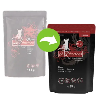 Ancien et nouveau packaging catz finefood PURRR N°103 Huhn Chicken Poulet Pollo Frango, 85 g. Mention : 98 % viande, sans céréales, sans tests sur animaux, sans sucre ajouté.