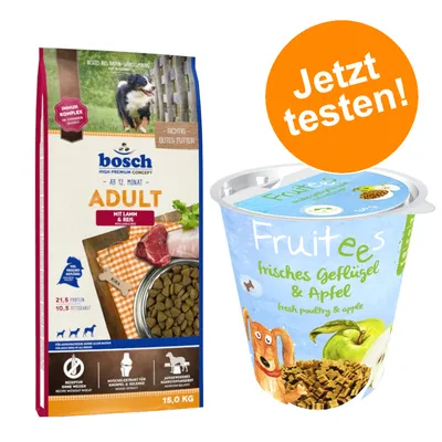 bosch Adult Hundefutter mit Lamm & Reis, 15kg. Fruitees Hundesnack frisches Geflügel & Apfel, Jetzt testen! Auf Verpackung sichtbar: Protein 21,5%, Fettgehalt 10,5%.