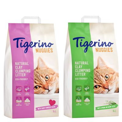 Tigerino Nuggies kattesand med babypudderduft 14l Mix: 14 l Babypudderduft + 14 l Frisk duft