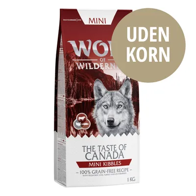 Wolf of Wilderness MINI The Taste of Canada Mini Kibbles, uden korn, 100 % grain-free recipe, 1 kg. Tekst: with fresh beef, cod, turkey and cranberries. Wolf of Wilderness MINI The Taste of Canada Mini Kibbles, uden korn, 100 % grain-free recipe, 1 kg. Tekst: with fresh beef, cod, turkey and cranberries.