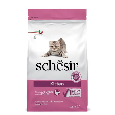 Schesir Kitten ração seca, rica em frango, 1,5 kg. Proteína animal como primeiro ingrediente, ácidos gordos ómega-3, de fácil digestão. Produto italiano com fecho fácil de abrir.