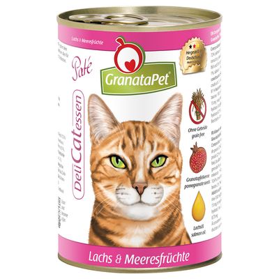 Konzerva GranataPet DeliCatessen Paté, Lachs & Meeresfrüchte. Viditeľné: ilustrácia mačky, nápisy bez obilnín, granátové jablko, lososový olej, vyrobené v Nemecku.
