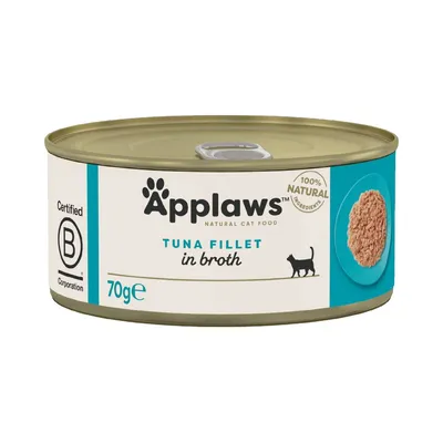 Applaws Natural Cat Food Tuna Fillet in Broth, 70g tin. Certified B Corporation. 100% natural ingredients badge visible. Image of tuna fillet on a blue plate shown on packaging. Applaws Natural Cat Food Tuna Fillet in Broth, 70g tin. Certified B Corporation. 100% natural ingredients badge visible. Image of tuna fillet on a blue plate shown on packaging.