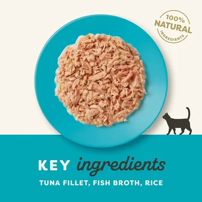 Key ingredients: tuna fillet, fish broth, rice. 100% natural ingredients. Image shows shredded tuna on a blue plate with cat silhouette.