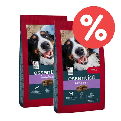 Mera essential Brocken, Hundefutter für mittelgroße und große Hunde. Made in Germany. Angebot mit Prozentzeichen sichtbar. Mera essential Brocken, Hundefutter für mittelgroße und große Hunde. Made in Germany. Angebot mit Prozentzeichen sichtbar.