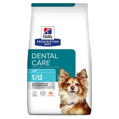 Hill's Prescription Diet Dental Care Mini t/d, dental care, recommended by veterinarians, with S+OX Shield logo.