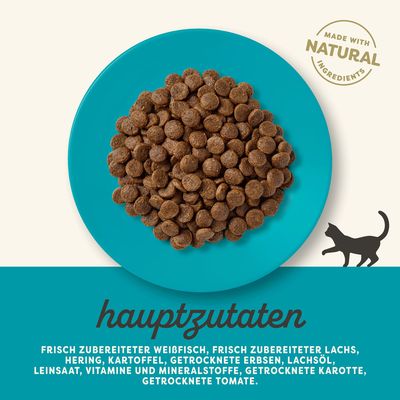 Hauptzutaten: Frisch zubereiteter Weissfisch, Lachs, Hering, Kartoffel, Erbsen, Leinsaat, Vitamine, Mineralstoffe, Karotte, Tomate. Made with natural ingredients.