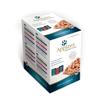 Applaws Natural Cat Food Fish Multipack, 12 x 70 g annospussia. Teksti: 100% natural. Kuvassa kolme eriväristä pussipakkausta ja kalanlihaa.