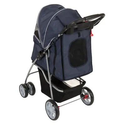 Mörkblå husdjursbuggy med fyra hjul, nätfönster och förvaringsutrymme undertill. Passar för transport av smådjur.