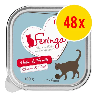 Feringa Chicken & Trout, 100g tray, pack of 48. Text on packaging includes 'Mit viel Liebe wie hausgemacht!' and image shows a silhouette of a cat with a ball of yarn.