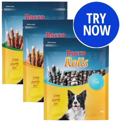 Rocco Rolls resealable packs with visible treats, labelled 'Crispy chewing fun!' and 'with fish'. Blue circle states 'Try now'.