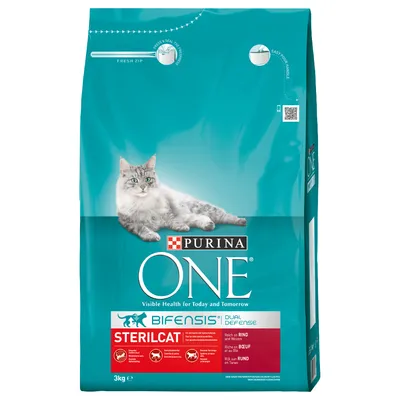 Sac de croquettes pour chat PURINA ONE BIFENSIS STERILCAT, riche en bœuf, 3 kg. Texte visible : Dual Defense, Visible Health for Today and Tomorrow.