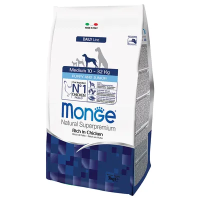 Monge Natural Superpremium Daily Line, Medium 10-32 kg, Puppy and Junior, πλούσιο σε κοτόπουλο. Κατασκευάζεται στην Ιταλία. Μέγεθος συσκευασίας: 3 kg.