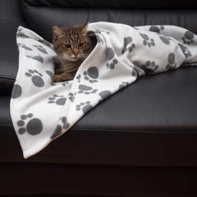 Brown cat lying on a black couch under a white blanket with grey paw prints.