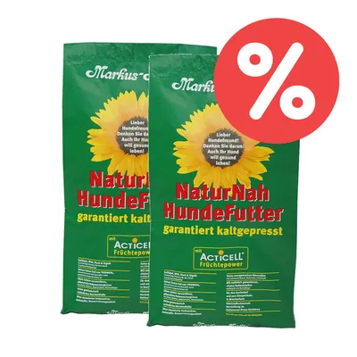 Markus-Mühle NaturNah Hundefutter, garantiert kaltgepresst, mit Acticell Früchtpower. Hinweis: Denken Sie daran, auch Ihr Hund will gesund leben! Prozent-Symbol für Rabatt sichtbar.