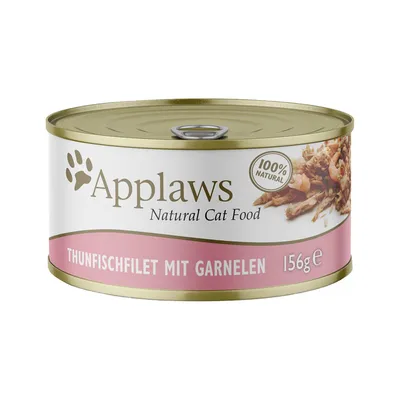 Консерва Applaws Natural Cat Food, 100% Natural, Thunfischfilet mit Garnelen, 156 г. Текст на немецком языке.
