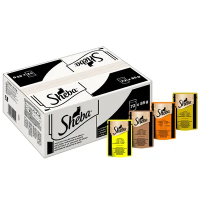 Упаковка Sheba 72×85 г и четыре пауча разных вкусов с логотипом Sheba. Видны надписи на английском: Poultry Collection in Gravy, with Chicken, Duck, Turkey, Kid.