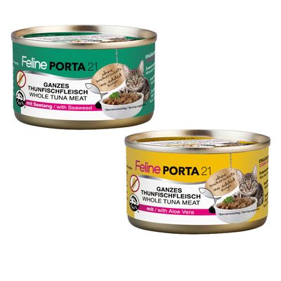 Feline Porta 21 Ergänzungsfuttermittel für Katzen, ganzes Thunfischfleisch mit Shrimps in Gel, 12x90g Dosen abgebildet.