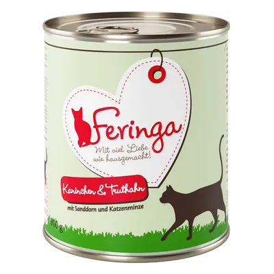 Boîte de nourriture pour chat Feringa, texte visible : Mit viel Liebe wie hausgemacht! Kaninchen & Truthahn mit Sanddorn und Katzenminze, 800 g.
