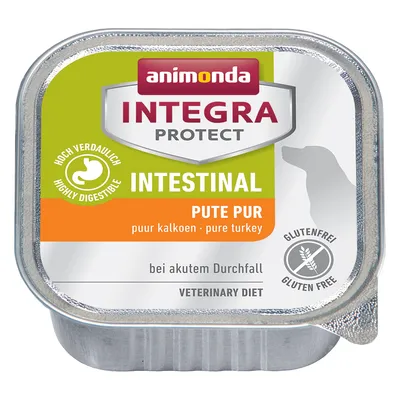 animonda INTEGRA PROTECT INTESTINAL PUTE PUR puur kalkoen, hoog verteerbaar, glutenvrij, bij acuut diarree, veterinary diet. Tekst deels in het Duits en Engels.