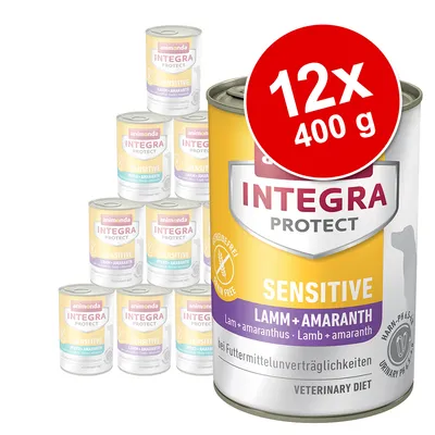 animonda INTEGRA PROTECT SENSITIVE natvoer, 12x400g. Smaken zichtbaar: Lam+Amaranth, Paard+Amaranth. Tekst op blik: graanvrij, bij voedingsmiddelonverdraaglijkheden, veterinary diet.
