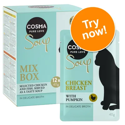 COSMA Pure Love Soup Mix Box, 12 x 40g. Selected chicken and fish, served as a tasty soup in delicate broth. Pouch: Chicken Breast with Pumpkin in delicate broth, 40g. Try now!