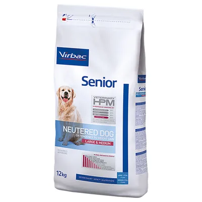Упаковка корма Virbac Senior Neutered Dog Large & Medium, 12 кг. Видны надписи: VETERINARY HPM, таблица состава, изображение собаки, график показателей.