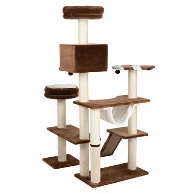 Krabpaal met meerdere plateaus, een hangmat, twee ligmanden, een huisje en sisalpalen. Bekleding van bruin pluche en witte accenten. Geschikt voor klimmen, rusten en krabben.
