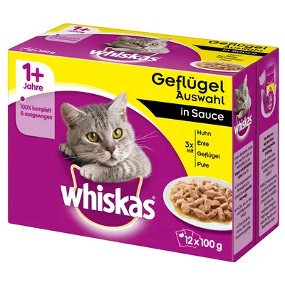 Embalagem Whiskas Geflügel Auswahl in Sauce para gatos adultos 1+ Jahre, 12 saquetas de 100 g. Texto visível em alemão: Huhn, Ente, Geflügel, Pute, 100% komplett & ausgewogen. Embalagem Whiskas Geflügel Auswahl in Sauce para gatos adultos 1+ Jahre, 12 saquetas de 100 g. Texto visível em alemão: Huhn, Ente, Geflügel, Pute, 100% komplett & ausgewogen.