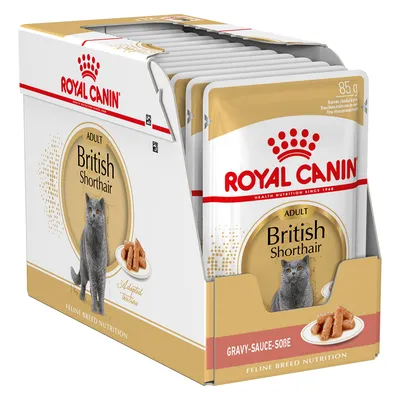 Royal Canin Adult British Shorthair, сос в грави, 85g. Feline Breed Nutrition с адаптирана текстура за котки от породата British Shorthair.