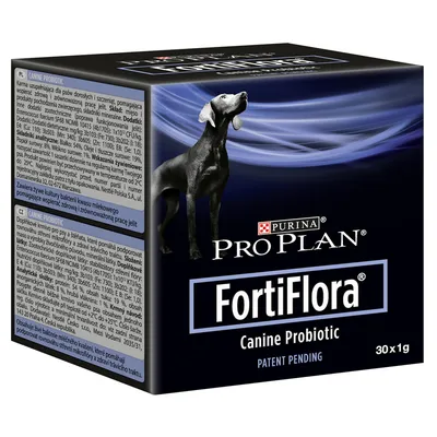 Purina Pro Plan FortiFlora Canine Probiotic, 30 x 1 g. Koiran probioottivalmisteen pakkaus, näkyvissä tuotetiedot useilla kielillä.