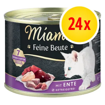 Miamor Feine Beute kattenvoer, 24x blik, met eend, graanvrij, 7 soorten vlees & ingewanden. Tekst deels in het Duits: 'Sieben Sorten Fleisch & Innereien'.