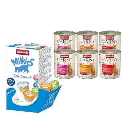 animonda Kombi-Paket: 12 x 800 g Carny Adult + 20 x 15 g Milkies Selection Mixpaket Rind & Geflügel (3 Sorten) + Milkies Snack (4 Sorten)
