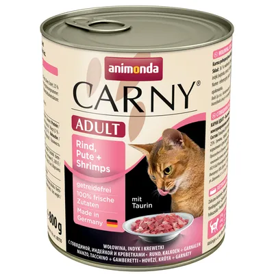 Konzerva animonda Carny Adult Rind, Pute + Shrimps 800 g, bez obilnín, 100 % čerstvé ingrediencie, vyrobené v Nemecku, s taurínom. Na obale mačka a miska s kúskami mäsa.