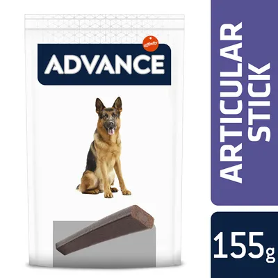 Опаковка Advance Articular Stick 155 г с изображение на немска овчарка и пръчка за дъвчене. Видим е и брандът affinity. Опаковка Advance Articular Stick 155 г с изображение на немска овчарка и пръчка за дъвчене. Видим е и брандът affinity.