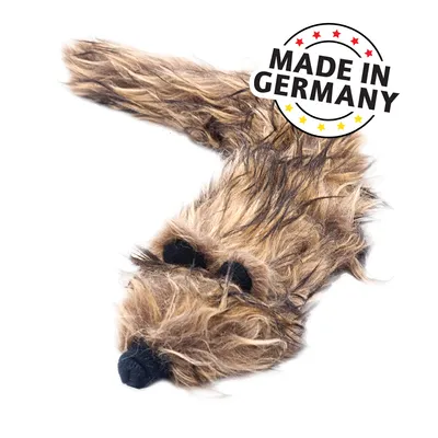 Plush toy in brown fur design with black nose and eyes. Text: Made in Germany with stars in black, red and yellow.