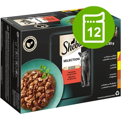 Sheba Selection macskaeledel válogatás szószban, 12 x 85 g, csomagoláson tálalva, látható ízek: csirke, marha, bárány, kacsa, pulyka. Zöld ikon: 12 adag.