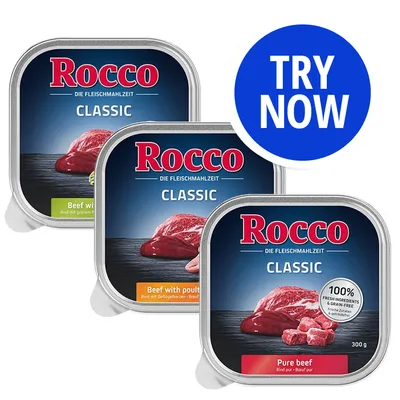 Rocco Classic wet food trays in beef, beef with poultry, and pure beef varieties. Blue circle with white text reads 'TRY NOW'. 100% fresh ingredients and grain-free shown on packaging.