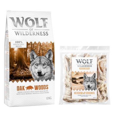 Wolf of Wilderness Kombi-Paket: Adult Trockenfutter + 3 x Kaninchenohren mit Fell Snacks 12 kg Oak Woods - Wildschwein + 3 x 400 g Snacks