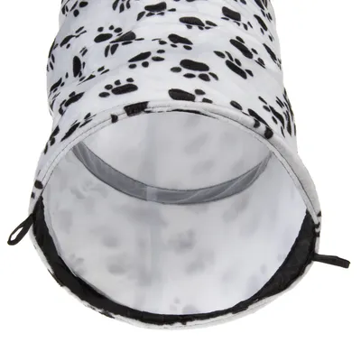 White play tunnel with black paw patterns, made of fabric, open ends and loops on the sides.