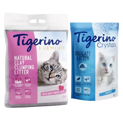 Tigerino Katzenstreu Kombi-Paket: Crystals bunt parfümfrei + Premium Babypuderduft - blau (3 x 5 l) + Babypuderduft (12 kg)